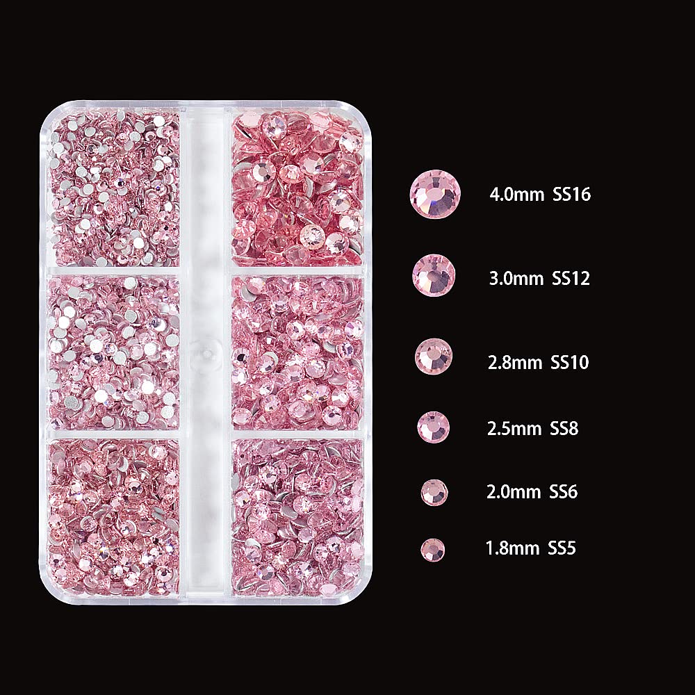 6Grids 3000Pcs Clear Flatback Rhinestones, Light Pink Nail Gems Crystals Jewels, Craft Glass Diamonds Stones Bling Rhinestone with Tweezers and Picking Pen For Nail Face Makeup(1.8mm~4mm Crystal)