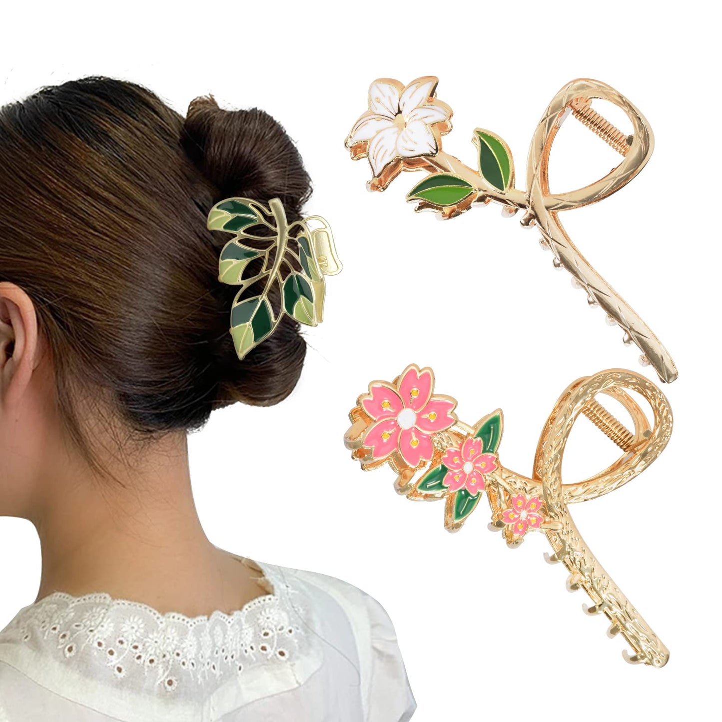 Yonchic 3-Piece Flower Metal Hair Clips, Muticolor Leaves Claw for Thin/Medium Thick Hair, Elegant Orchid Floral Barrettes Strong Hold Clamps Non-Slip Cute Lily Hair Claws Accessories