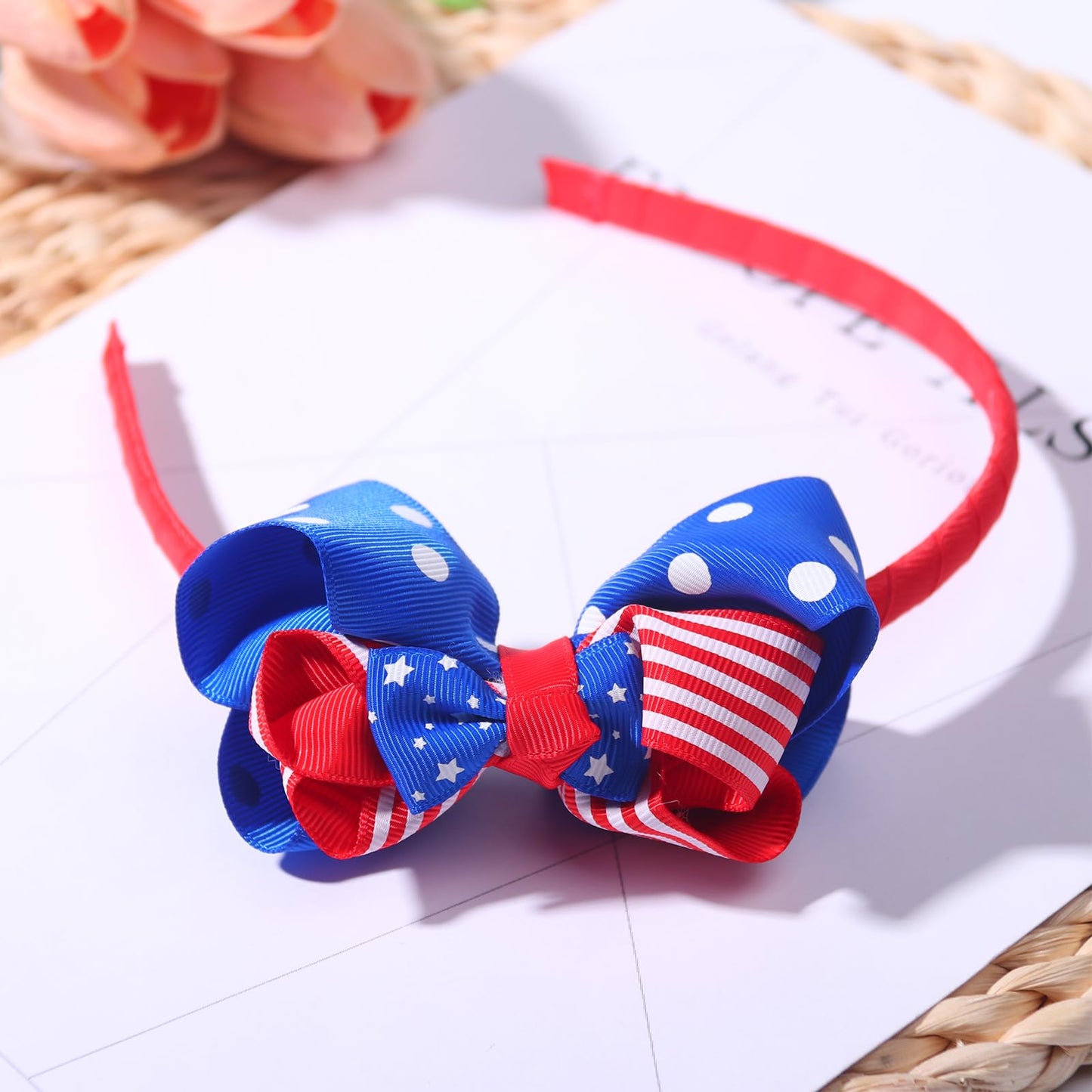 HIFANMM 4th of July Headband Independence Day Hair Accessories Patriotic Party Bow Hair Supplies USA Flag Big Bow Knot Design Blue Stars Hair Decoration Non Slip Head Band for Women Girls Kids 1 Pcs