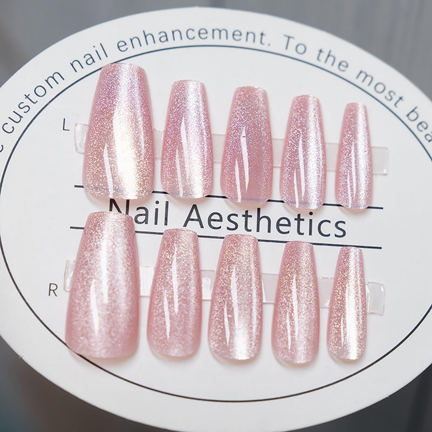 Pink Press on Nails Long Coffin Fake Nails Cat Eye Press on Nails Shiny Acrylic Nails with Glitter Designs Full Cover Glossy False Nails Stick on Nails Valentine’s Press on Nails for Women and Girls