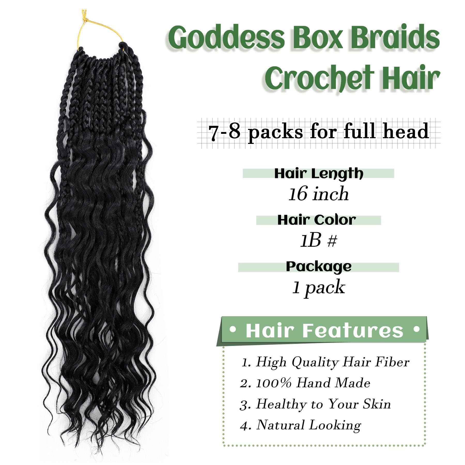 Eerya 8 Packs Boho Goddess Box Braids Crochet Hair for Black Women 16 inch Pre-looped Bohemian Crochet Box Braids With Curly Ends Synthetic Crochet Hair Extensions (16 inch, 1B)