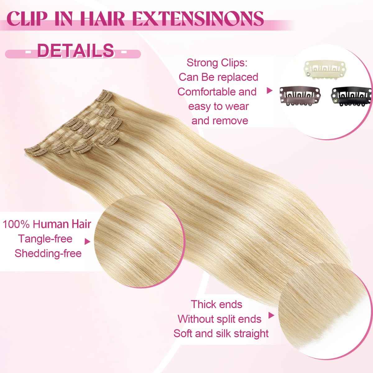 POGINJA Clip in Hair Extensions Real Human Hair, Remy Human Hair Extensions Clip ins for Women, 100% Natural Human Hair, Double Weftm, 14inch 80g 8Pcs, #18/613 Dark Blonde Highlighted Bleach Blonde