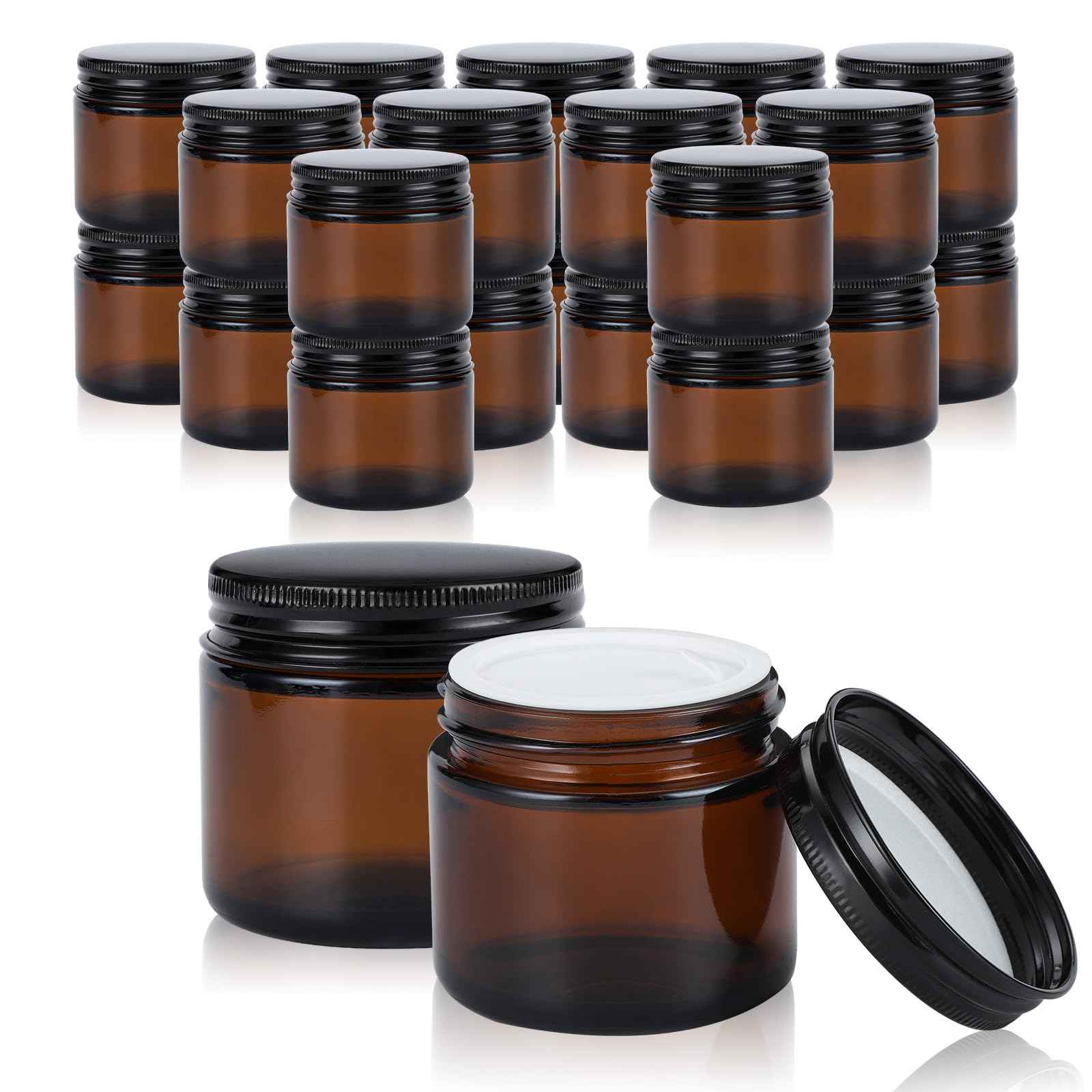 RAMFIYN 2oz Empty Amber Glass Jars with Lids 24 Pack Cosmetic Containers with Lids for Travel Lotion Cream Candle