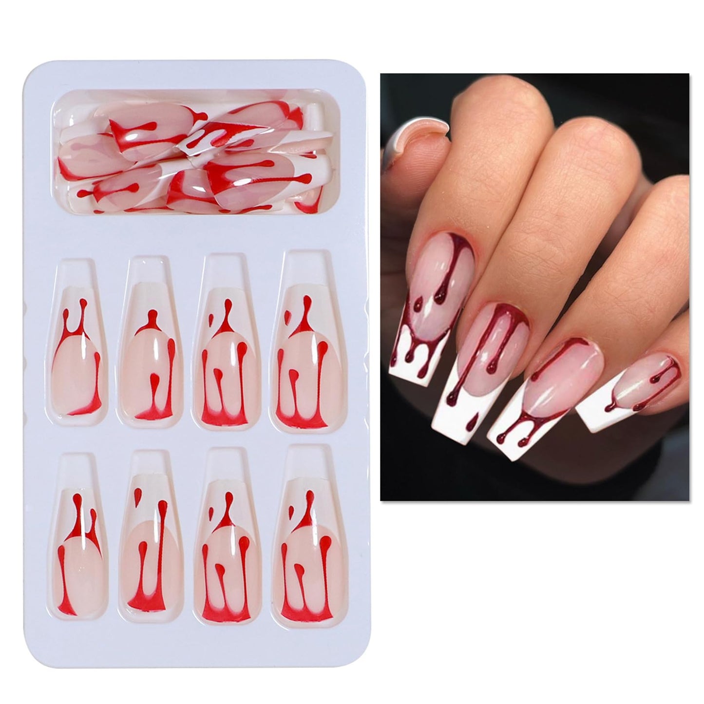 24Pcs Red Halloween Press on Nails Long Square Fake Nails French Tips False Nails Red Blood Full Cover False Nails with Designs Stick on Nails Artificial Nails Finger Manicure for Women and Girls