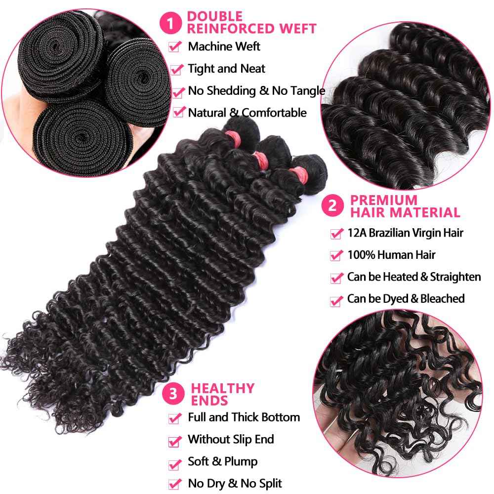 LXYANOO 12A Deep Wave Single Bundles Human Hair 20 Inch Brazilian Curly 1 Bundles Human Hair 100% Unprocessed Virgin Wet and Wavy Hair Weave 1B Black