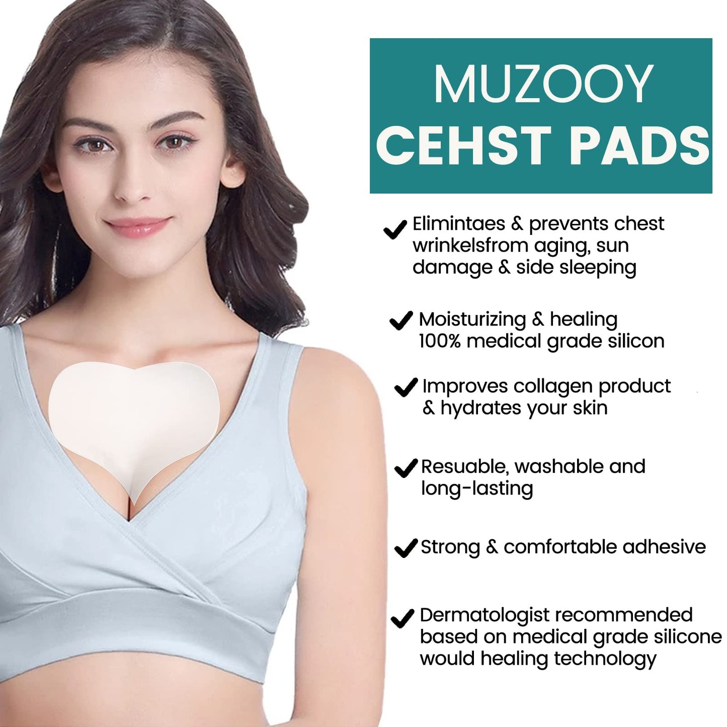 Muzooy 4 Pack Chest Wrinkle Pads, Anti Wrinkle Silicone Chest Patches, Resuable and 100% Medical Grade Décolleté Anti Wrinkle Patches, Overnight Wrinkle Remover Treatment while Sleeping