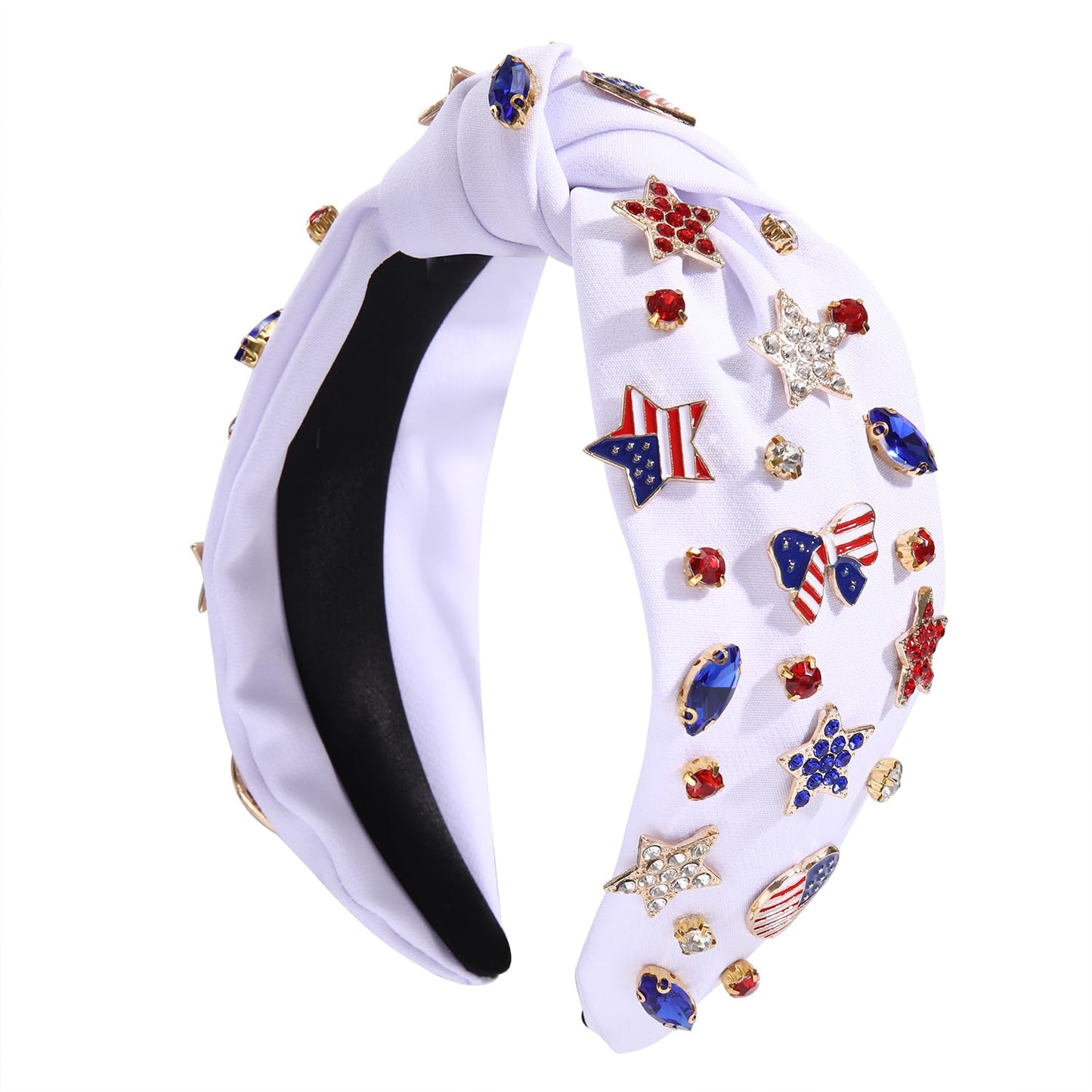 4 th of July Headband for Women American Flag Knottted Headband Star USA Charm Fourth of July Patriotic Headband Headpiece Red White and Blue Crystal Top Knot Wide Hairband Hair Accessories Gift (white patriotic headband)