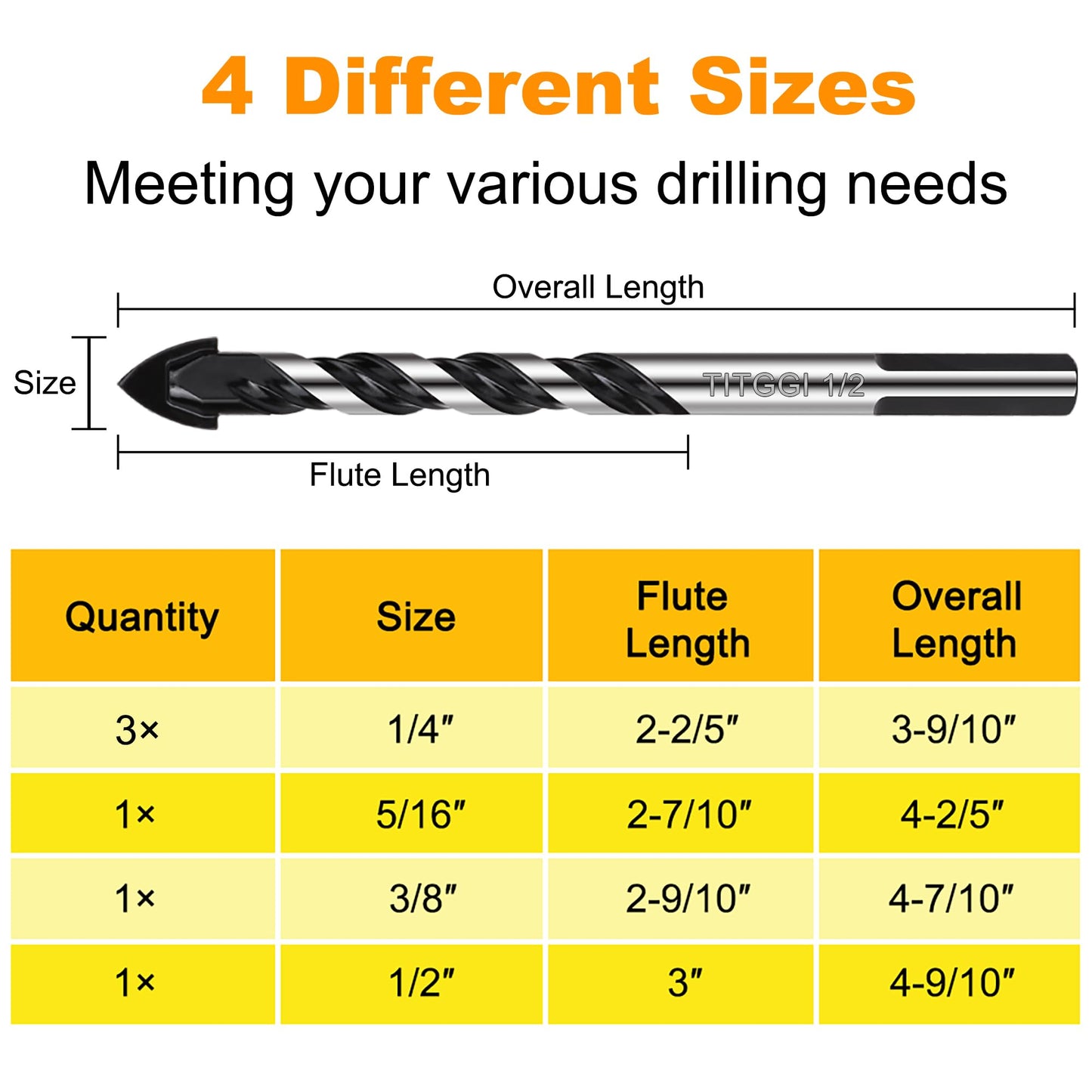 Concrete Drill Bit & Masonry Drill Bit Set, Professional Drill Bit Set (6PCS) for Glass/Brick/Plastic/Cement/Wood/Tile/Etc, Industrial Strength Carbide Drill Bit Tip, 1/4"-1/2" by TITGGI