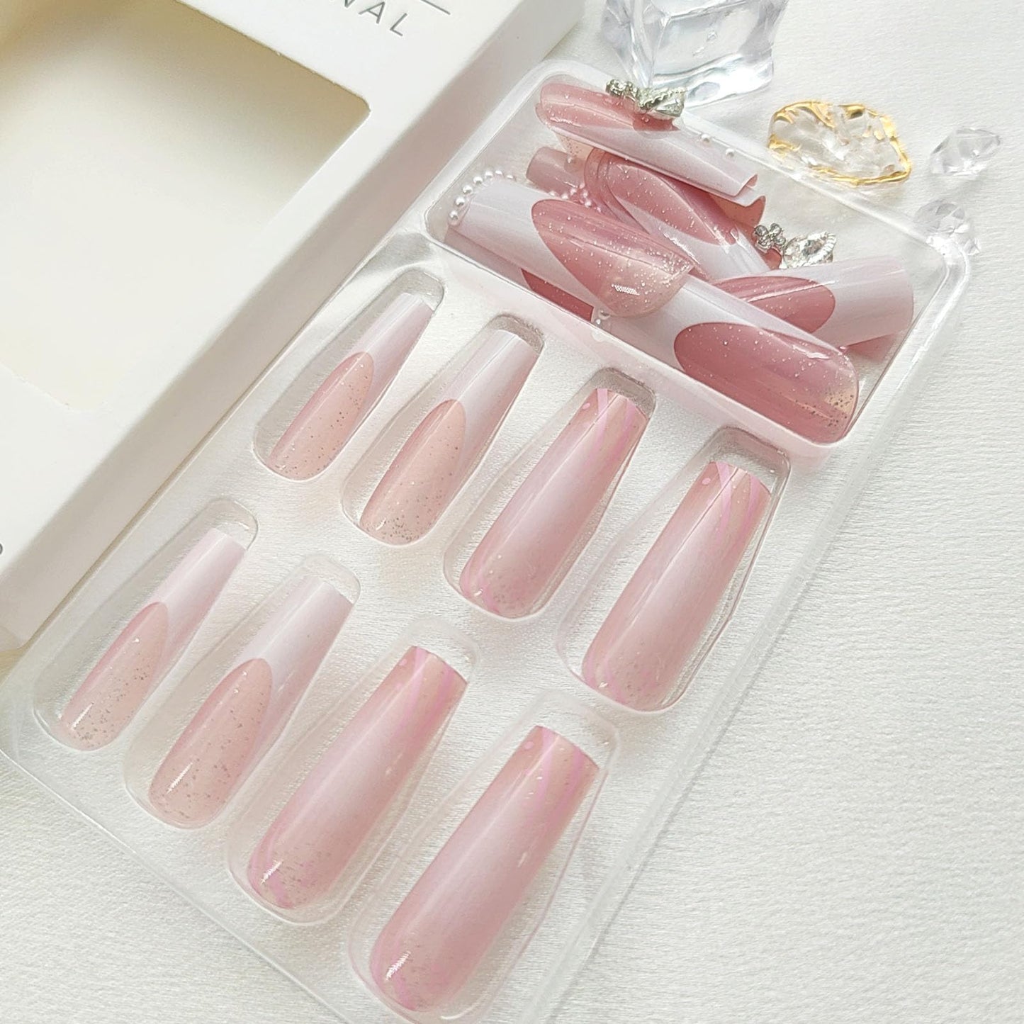 White French Tip Press on Nails Long Square Glue on Nails 3D Pearl & Rhinestones Fake Nails Light Pink Translucent Acrylic Nails Bling Glitter False Nails Glossy & Cute Stick on Nails for Women 24 Pcs