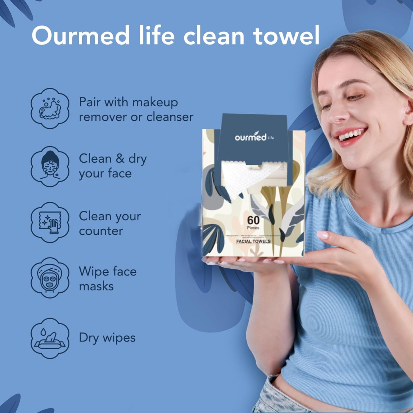 Ourmed Life Disposable Face Towel | Lint-Free Biodegradable Clean Towels | Dry Makeup Remover Wipes | Super Soft & Thick for Sensitive Skin | 10-Inch X 7.87-Inch | 180 Count