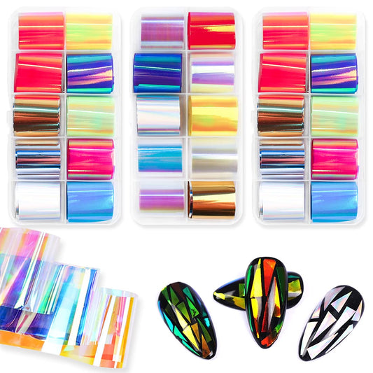 Glass Nail Foil Strips, 30 Rolls Aurora Laser Design Glass Fragments Paper Full Nail Wraps DIY&Salon Manicure Stickers Accessories