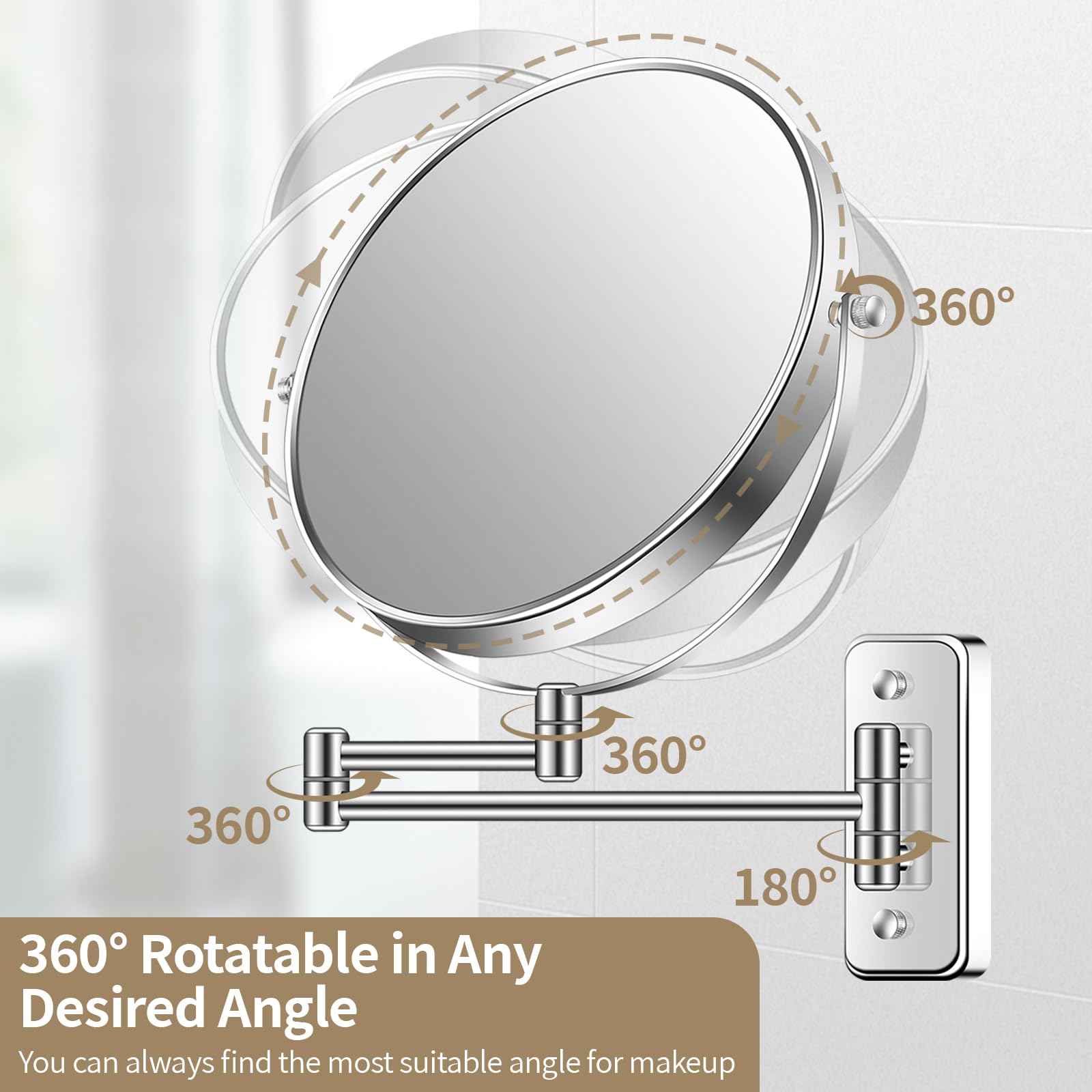 BTremary 9” Large Wall Mounted Makeup Mirror 1X/7X Double-Side Bathroom Magnifying Mirror 360 Swivel Vanity Mirror Extendable Shaving Wall Mount Cosmetic Mirror for Men and Women, Chrome
