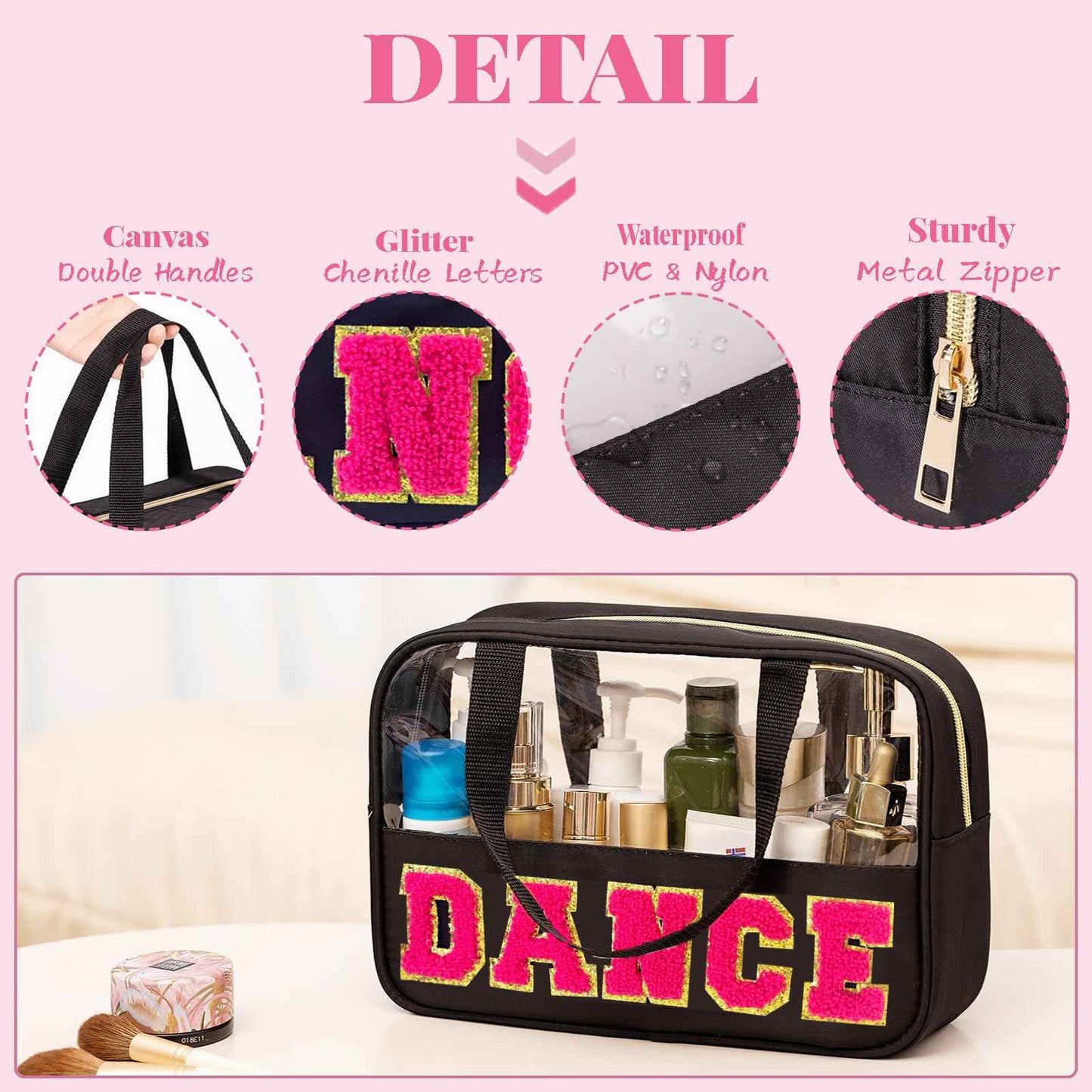 Kovewon Chenille Letter Bags for Dance Recital Gifts Clear Ballet Dance Makeup Bag with Handle and Zipper Waterproof Nylon Portable Toiletry Bag, Dance Competition Must Haves