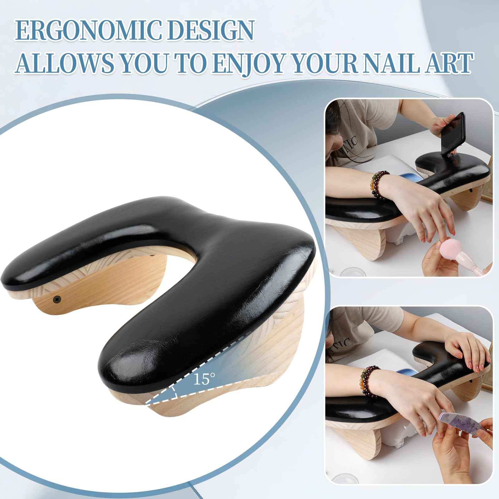 Arm Rest for Nails Tech, U-shaped Manicure Nail Arm Rest Stand with Detachable Brackets Microfiber PU Leather Nail Cushion Hand Rest Pillow for Nail Table Salon Manicure Arm Rest Cushion (black)