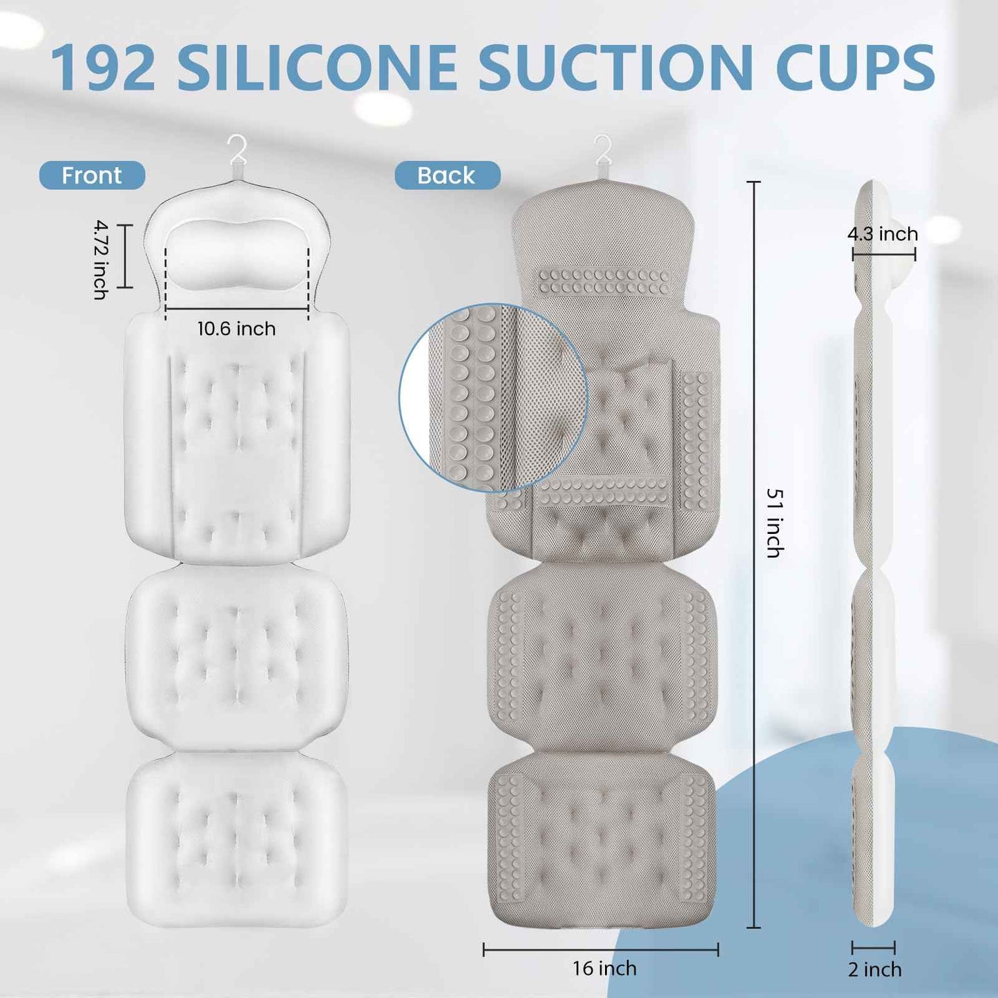 Full Body Bath Pillow, Luxury Bath Cushion with 192 Suction Cups, Bath Pillows for Tub for Head and Neck Support, with Laundry Bag White, 51" x 16"