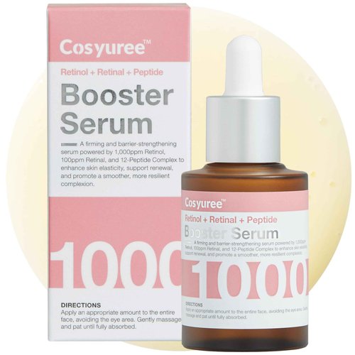 Cosyuree Retinol + Retinal + Peptide Booster Serum – 1,000ppm Retinol, 100 ppm Retinal, Anti-Aging Face Serum with Peptides, Hyaluronic Acid, Niacinamide & Collagen, Fragrance-Free, 30ml (1.01 fl oz)