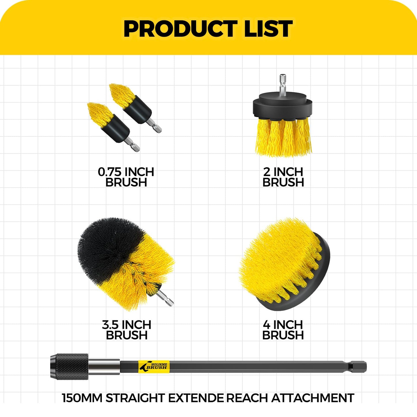 Holikme 6Pack Cleaning Brush Power Scrubber Cleaning Brush Extended Long Attachment Set All Purpose Scrub Brushes Kit for Grout, Floor, Tub, Shower, Tile, Bathroom,Car Cleaning Brush，Yellow