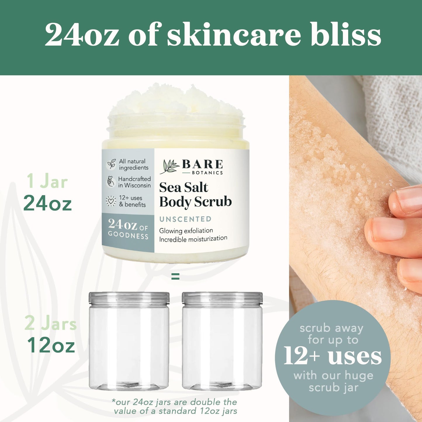 Bare Botanics Unscented Body Scrub 24oz | Made in Madison, WI | All Natural Body Scrub w/Skin Loving Moisturizers | Vegan & Cruelty Free Sea Salt Exfoliator w/a Cute Wooden Spoon