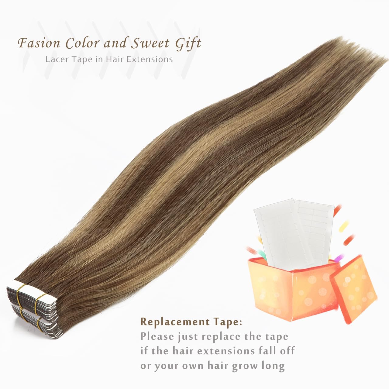 LacerHair Hair Extensions Tape in Human Hair Color #5 Dark Brown Fading to #12 Dirty Blonde with #5 Dark Brown Roots Natural Hair Extensions 20PCS 50G Tape in Straight Skin Weft 14 Inch