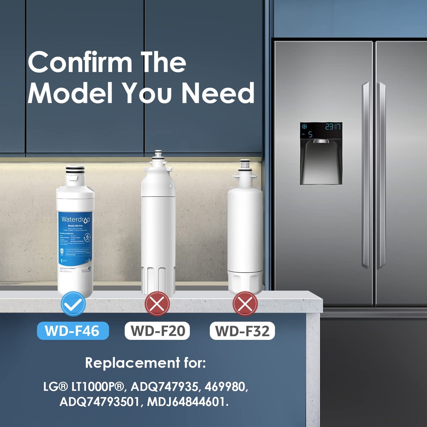 Waterdrop ADQ747935 LT1000PC Replacement for LG® LT1000P®/PC/PCS ThinQ® Refrigerator Water Filter, LFXS26973S, LMXS28626S, LMWS27626S, LFXS28596S, ADQ74793501 and LT120F®, 3 Combo