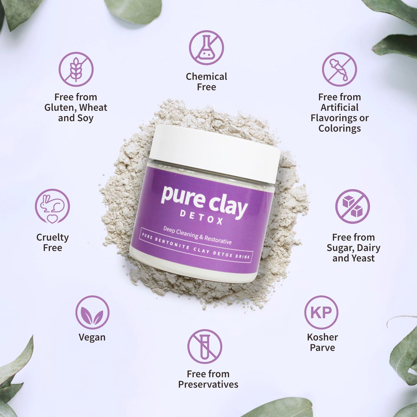 PURE CLAY Food Grade Organic Calcium Bentonite Clay Powder, Internal and External Deep Cleansing, Daily Detox Drink, Face Mask, Body Mud, & Toothpaste - 16 oz