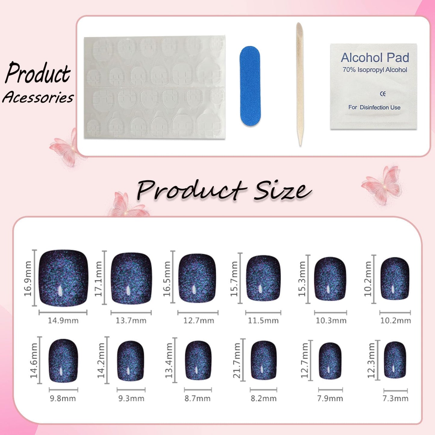 Blue Acrylic Press on Nails Short Color Changing Fake Nails Cat Eye Glitter Nails Press ons Square UV Finish Glue on Nails Gel Glossy Handmade Stick on Nails Reusable False Nails for Women 24 Pcs