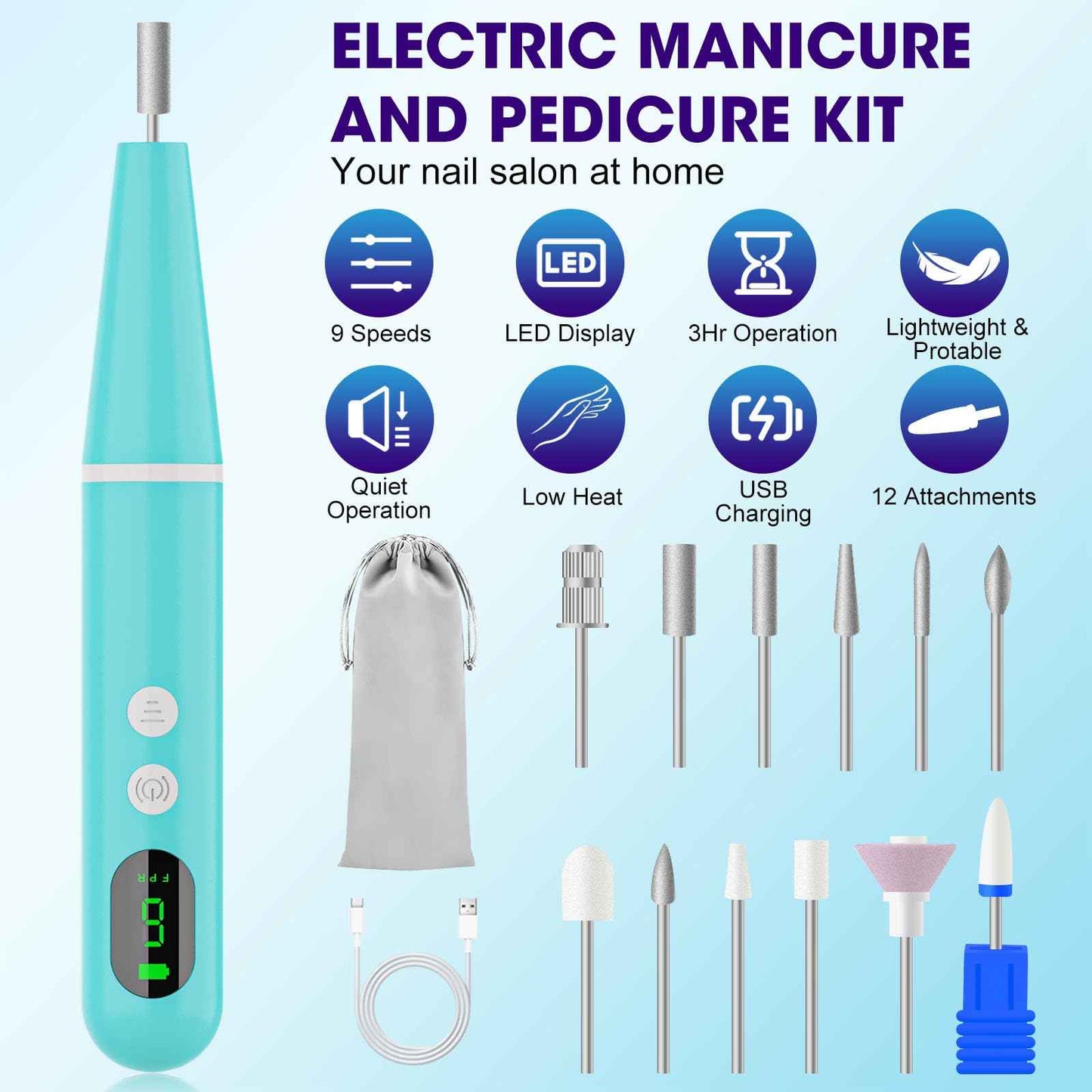 Electric Cordless Nail Drill, Super Lightweight Electric Nail File, Professional Manicure Pedicure Kit with 9 Speed & LCD Display, Nail Grinder for Thick Toenail Cuticle Women Men Baby Pets