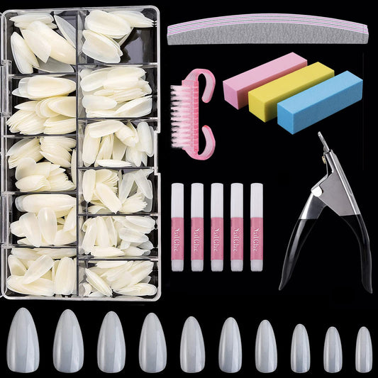 513Pcs Acrylic Nail Kit - 500Pcs Almond Shaped Natural Fake Nails with 5Pcs Nail Glues, 3Pcs Sponge Nail Files, 3Pcs 100/180 Grit Nail Files, Nail Clippers, Dust Brush