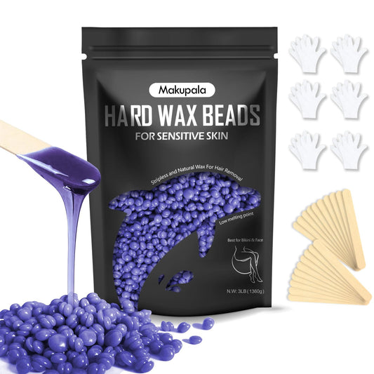 Makupala Hard Wax Beads for Sensitive Skin, 3lb Unscented Waxing Beads for Brazilian Waxing Women Men, Professional Wax Beans for Full Body, All Skin Type, Face, Bikini, Leg, No Strip Needed Purple