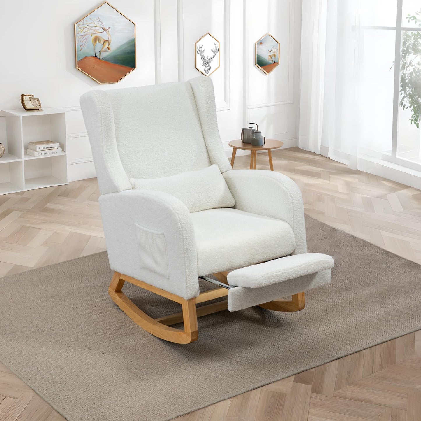 Modern Rocking Chair Nursery Glider, Comfy Rocker Nursery Chair with Foot Rest, Accent Reading Chair with Pillow and Pocket, Upholstered Lounge Chair with Solid Wood Base for Relaxing, Resting (Ivory)