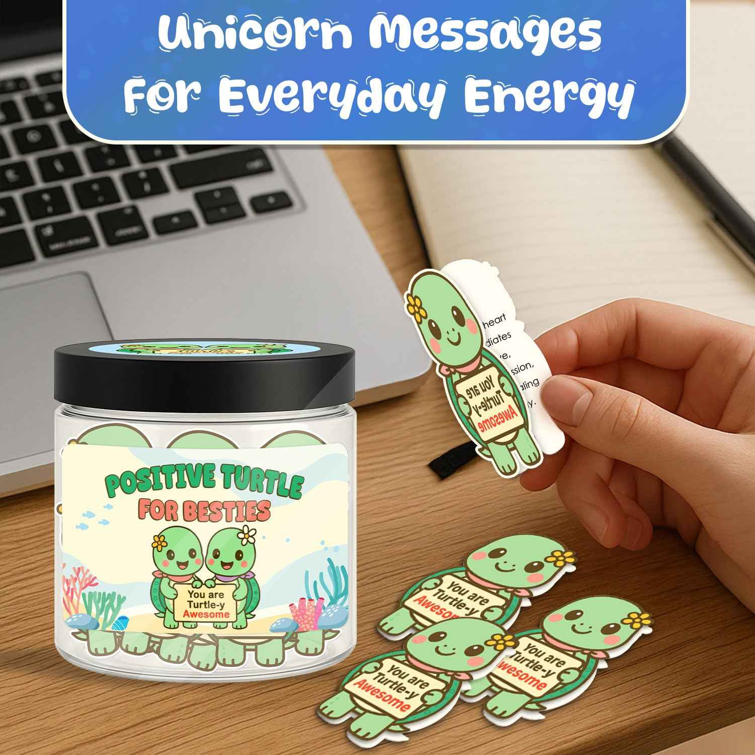 Positive Turtle Jar for Besties – 60 Daily Affirmation Cards, Cute Friendship Gift with Acrylic Keychain & Display Stand, Inspirational Message Jar for Best Friends, Sisters, or Coworkers