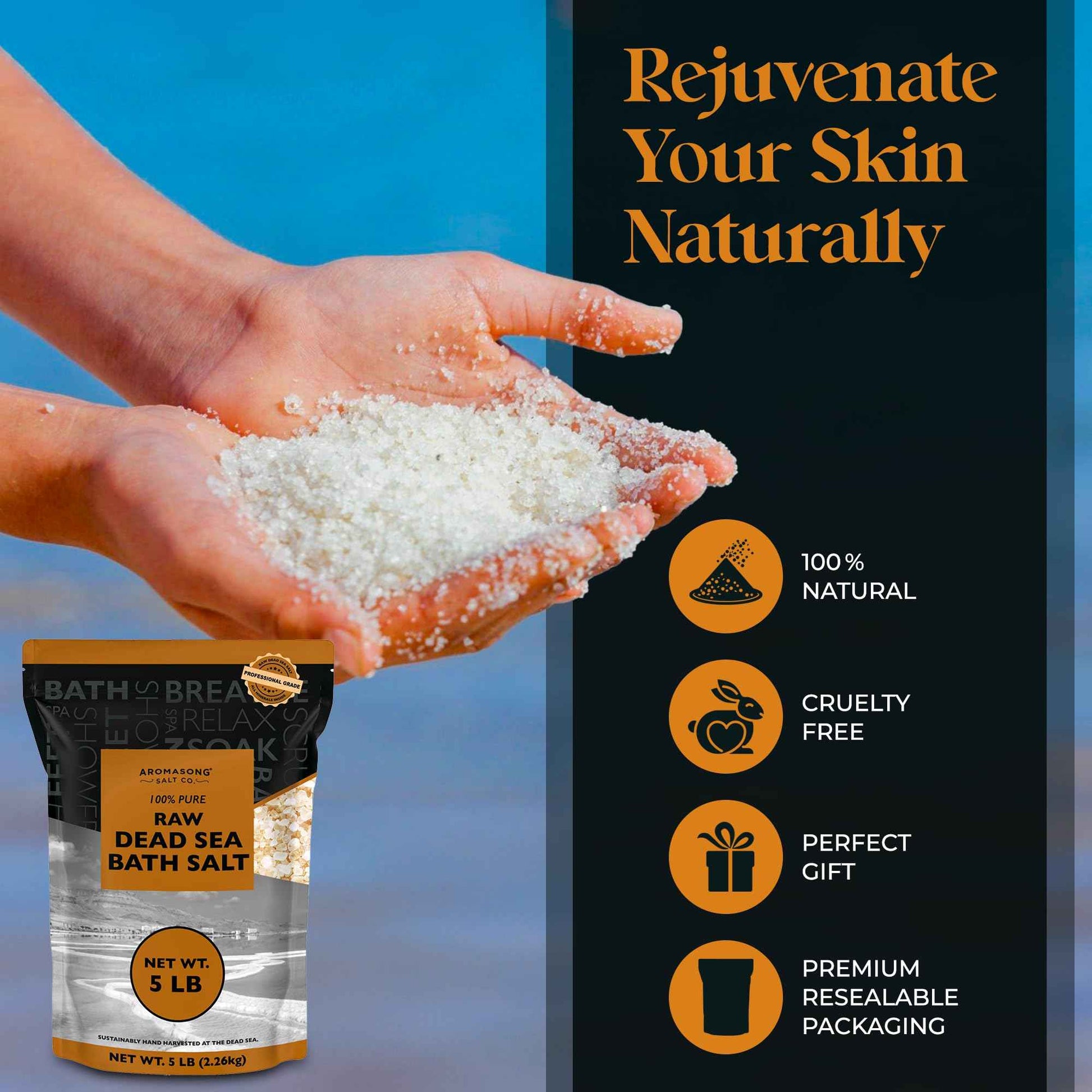 Aromasong Raw Dead Sea Salt for Soaking - Minimal Cleaned Bath Salt Soak - 10 Lbs (2 x 5 lb. Bags) Bulk Resealable Pack - Leaves Your Skin Softer Then Epsom Salt