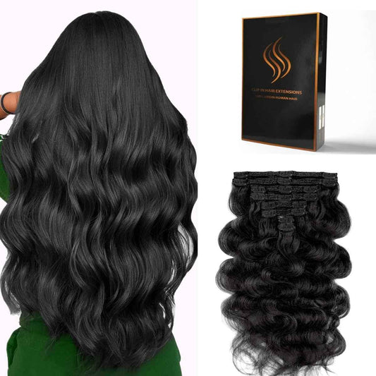 Tandulo Clip in Hair Extensions Real Human Hair Body Wave 1 Jet Black Clip in 100% Brazilian Remy Human Hair Extensions 8pcs Per Set with 18 Clips Double Weft 16 Inch 90g/3.6oz