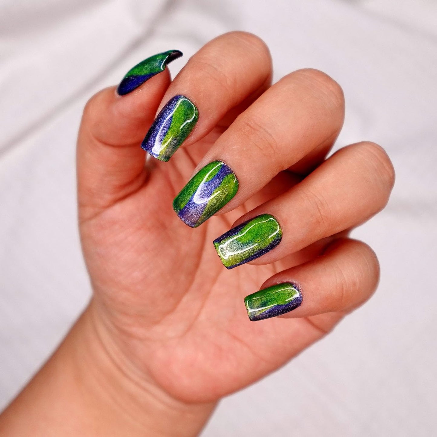 10 Pcs Handmade Press on Nails (Medium, Gaia - Chrome Blue and Green Water Color/Short Square) A124M