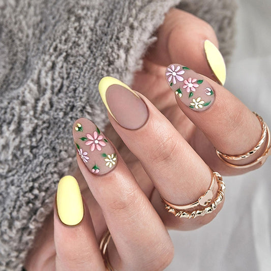 24 Pcs Medium Press on Nails Oval Yellow Fake Nails With Nail Glue Acrylic False Nails with Vintage Flower Designs Artificial Nails Full Cover Stick on Nails for Women