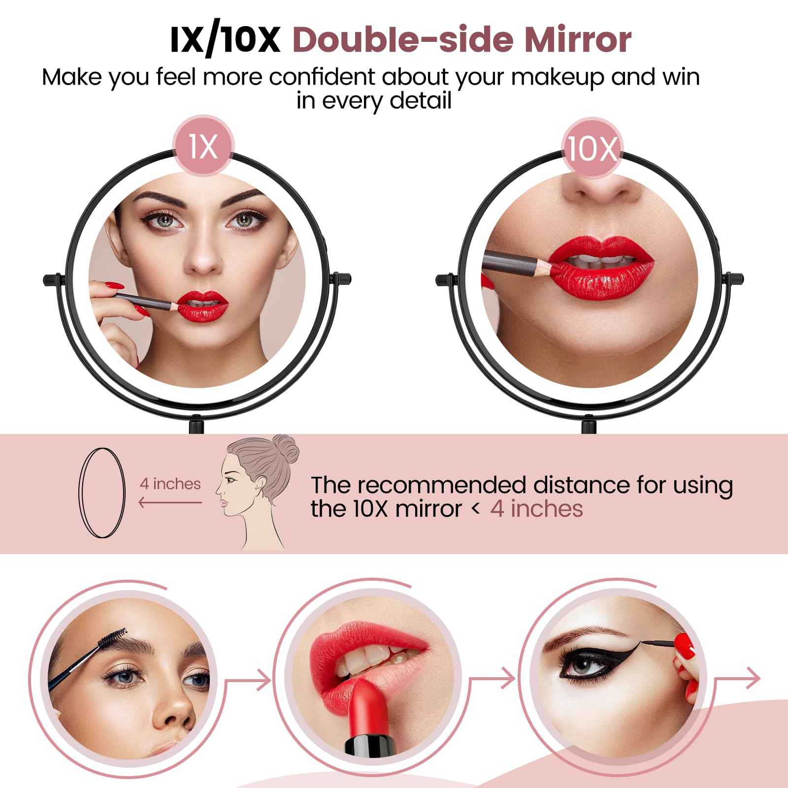 AumVum 8" Vanity Mirror with Lights Rechargeable, 1X/10X Magnifying Makeup Mirror with Touch Screen, 54 LED Adjustable Brightness, 3 Color Modes, 360° Rotation for Tabletop & Bedroom