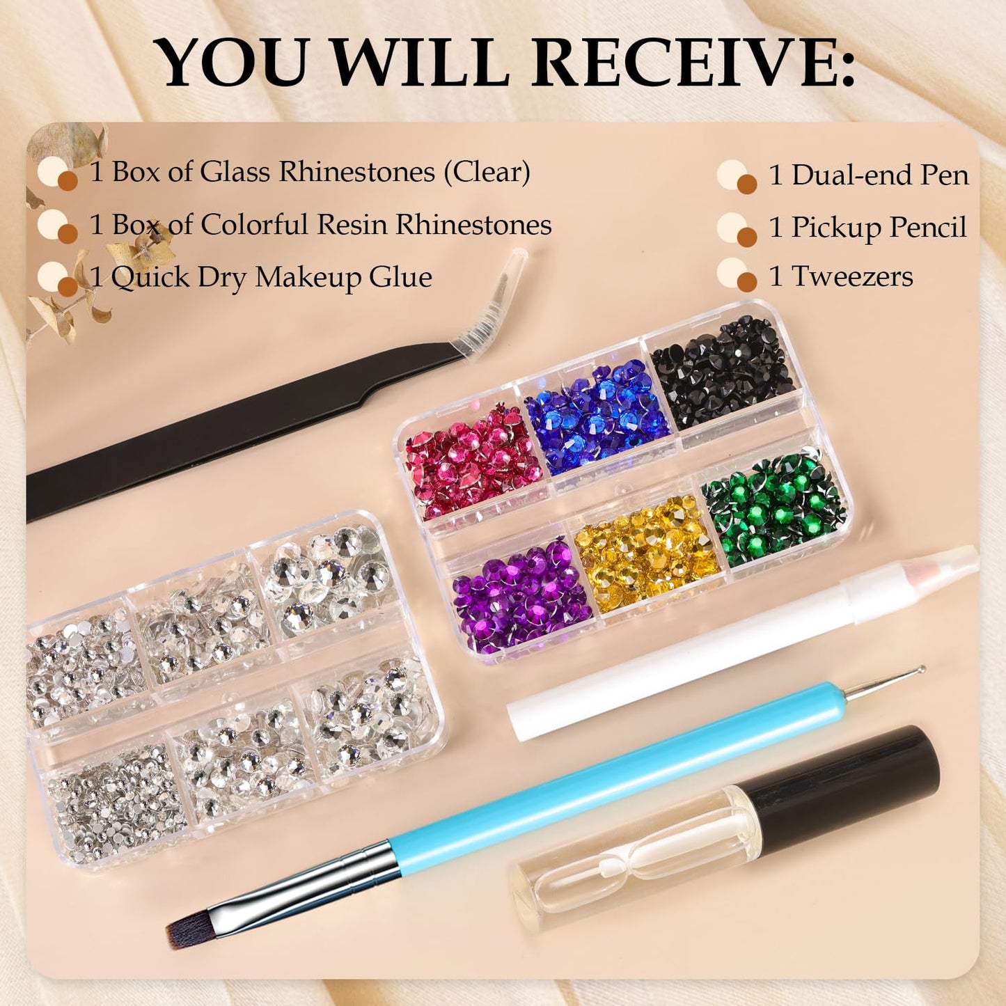 Colorful Face Gems Kit with Makeup Glue, 2-6mm Clear Glass Round Flatback Crystal + 2-5mm Gorgeous Resin Rhinestones for Eye Hair Makeup Body Art Manicure DIY Crafts with Dot-Brush Pen, Pickup Tools