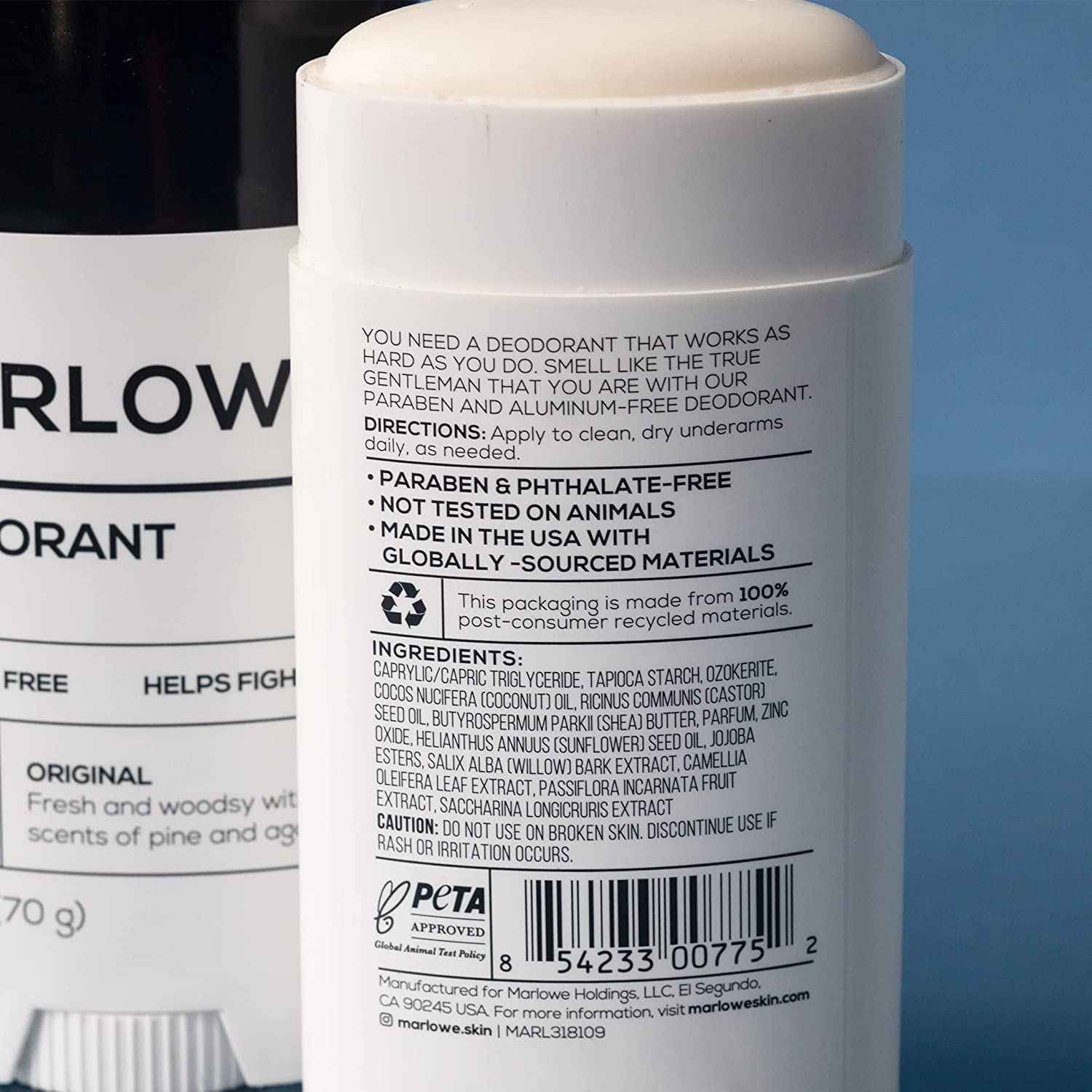 MARLOWE. No. 024 Natural Deodorant for Men 3-Pack | Aluminum Free Stick | Made with Coconut Oil, Shea Butter, Jojoba | Only No-Nonsense Ingredients that Work Best | Fresh & Woodsy Scent
