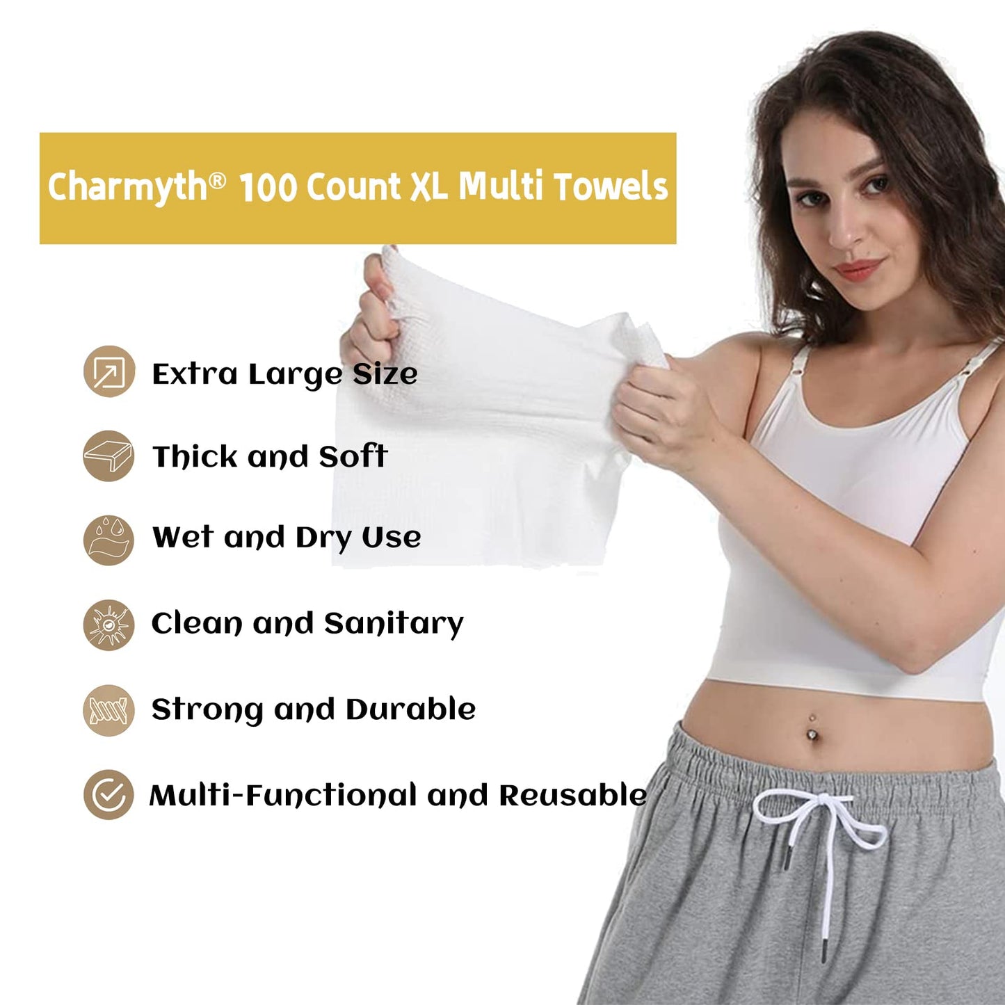 Charmyth Disposable Face Towel, Clean Face Tissue Skin Towel 100 Count XL, Extra Thick Soft Disposable Makeup Remover Dry Wipes, Organic Cruelty Free and Degradable Clean Towel for Sensitive Skin