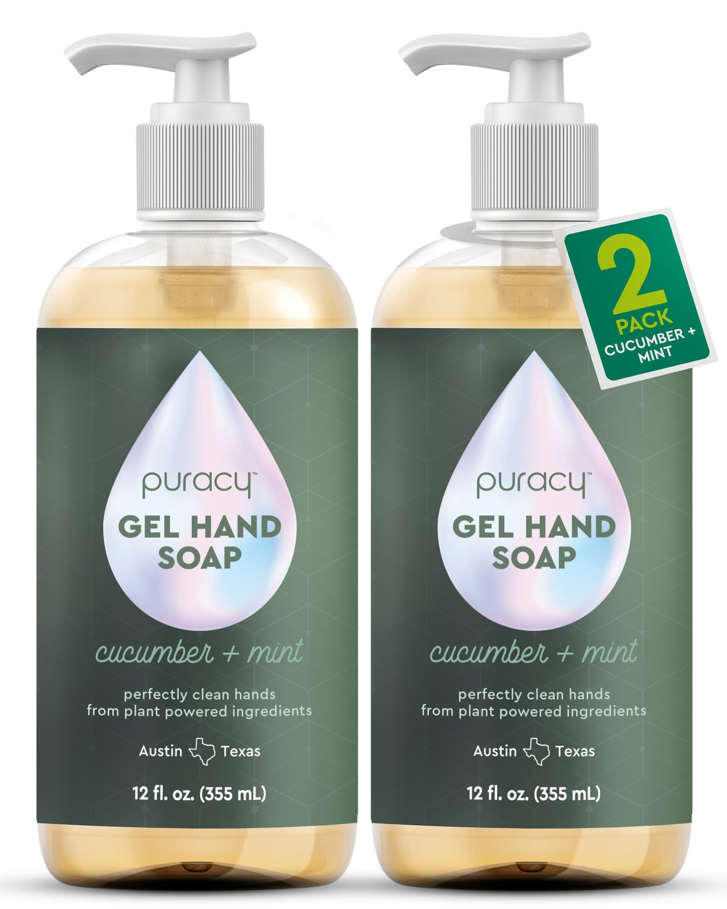 Puracy Organic Hand Soap, For the Professional Hand Washers We've All Become, Moisturizing Natural Gel Hand Wash Soap, Liquid Hand Soap Refills for Soft Skin (12 fl.oz, Cucumber & Mint) 2-Pack