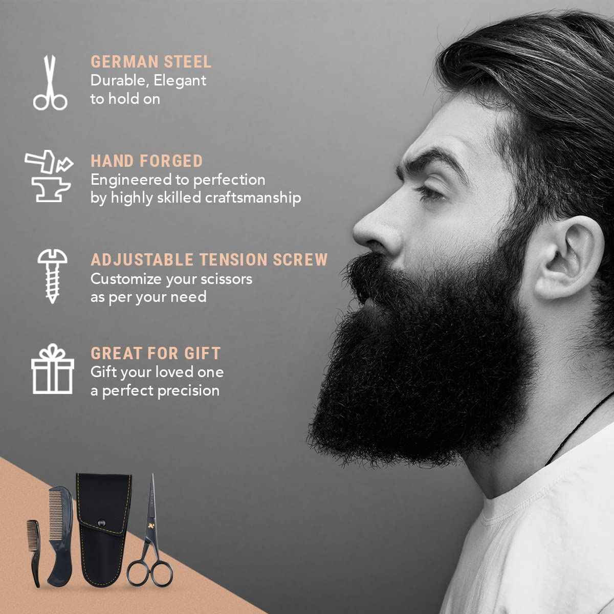 Ontaki Mustache Scissors for Men - 5-Inch, Black - German High-Carbon Steel Bevel-Edge for Precision - Beard Trimming Scissors - Includes Grooming Kit with Mustache & Beard Combs & Carrying Pouch