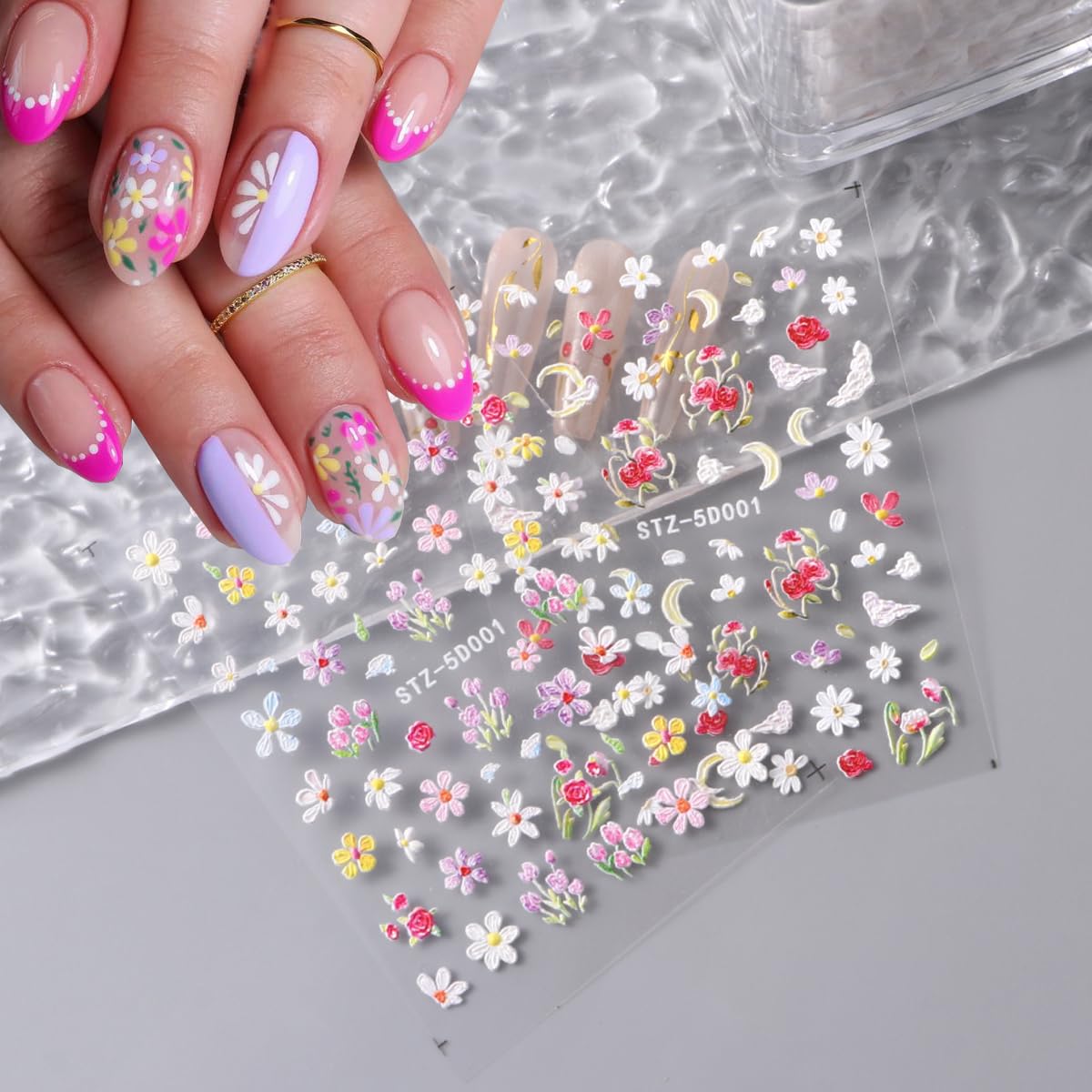 3PCS Flower Nail Art Stickers 5D Embossed Nail Decals Spring Floral Nail Sticker Self Adhesive Nail Art Supplies Three-Dimensional Frosted Small Daisy Flowers Nail Design for Women Nail Decoration