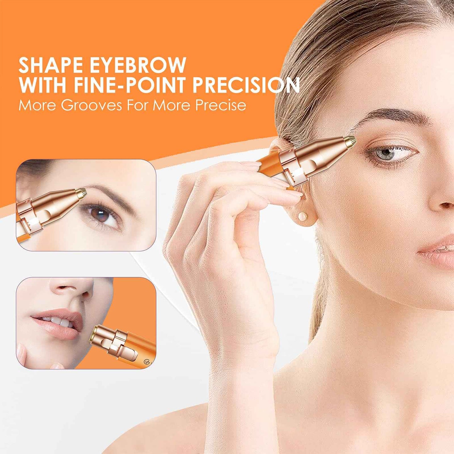 VG VOGCREST Eyebrow Facial Trimmer: 2 in1 Rechargeable Facial Hair Removal and Eyebrow Shaver - Face Lips Body Painless Facial Razor with Built-in LED Light (Orange)