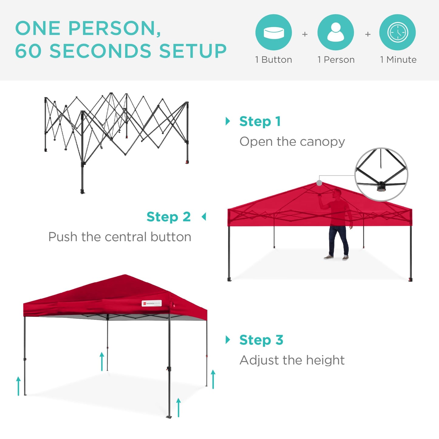 Best Choice Products 8x8ft 1-Person Setup Pop Up Canopy Tent Instant Portable Shelter w/ 1-Button Push, Case, 4 Weight Bags - Red