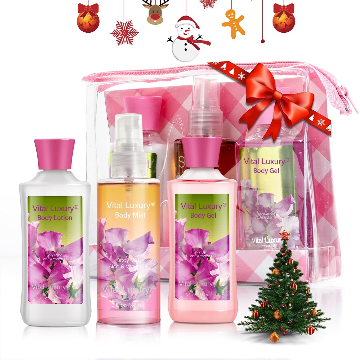 Vital Luxury Bath & Body Care Travel Set Pea Flower Scent Home Spa Set with Body Lotion, Shower Gel and Fragrance Mist, Christmas Gifts for Her and Him