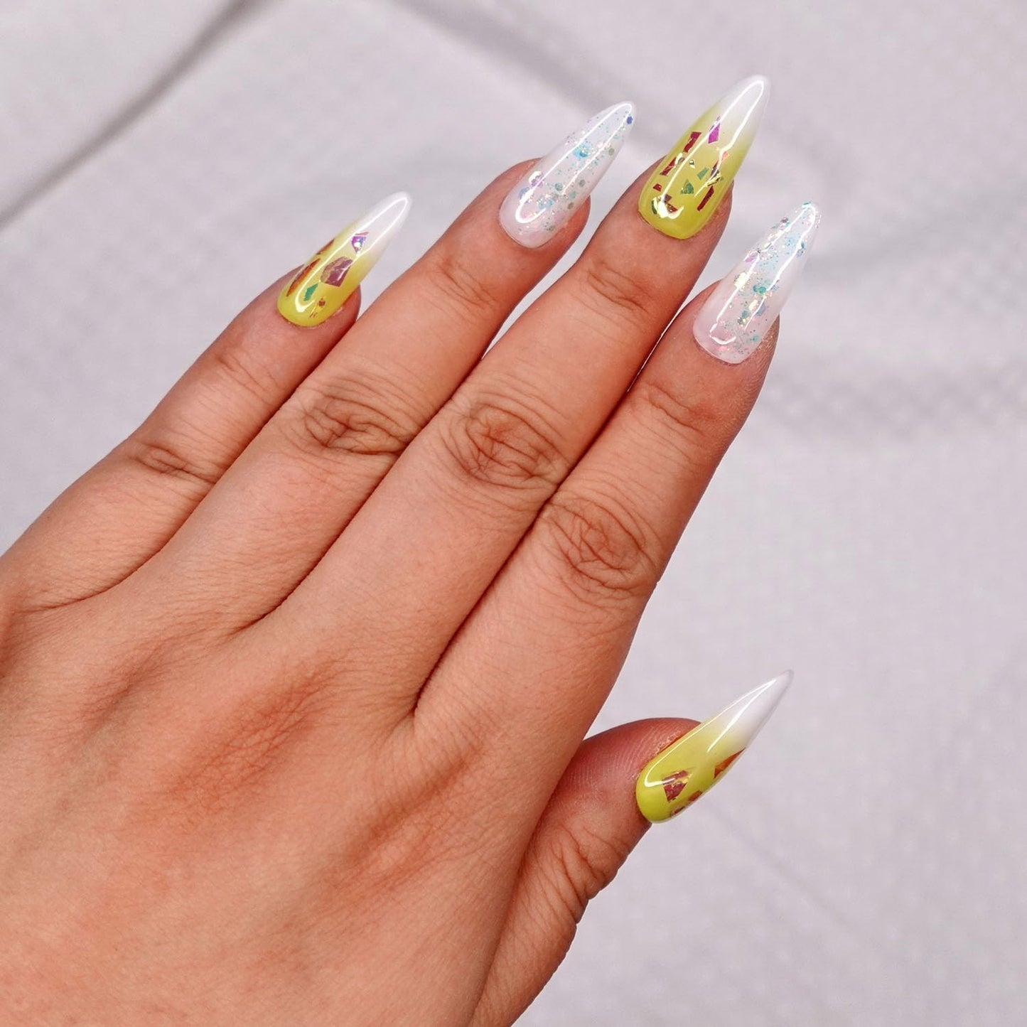 10 Pcs Handmade Press on Nails (X-Small, Iced Lime - French Ombre Lime Green and Shattered Glass Jelly White Glitter Mix Stiletto Nails) A117XS