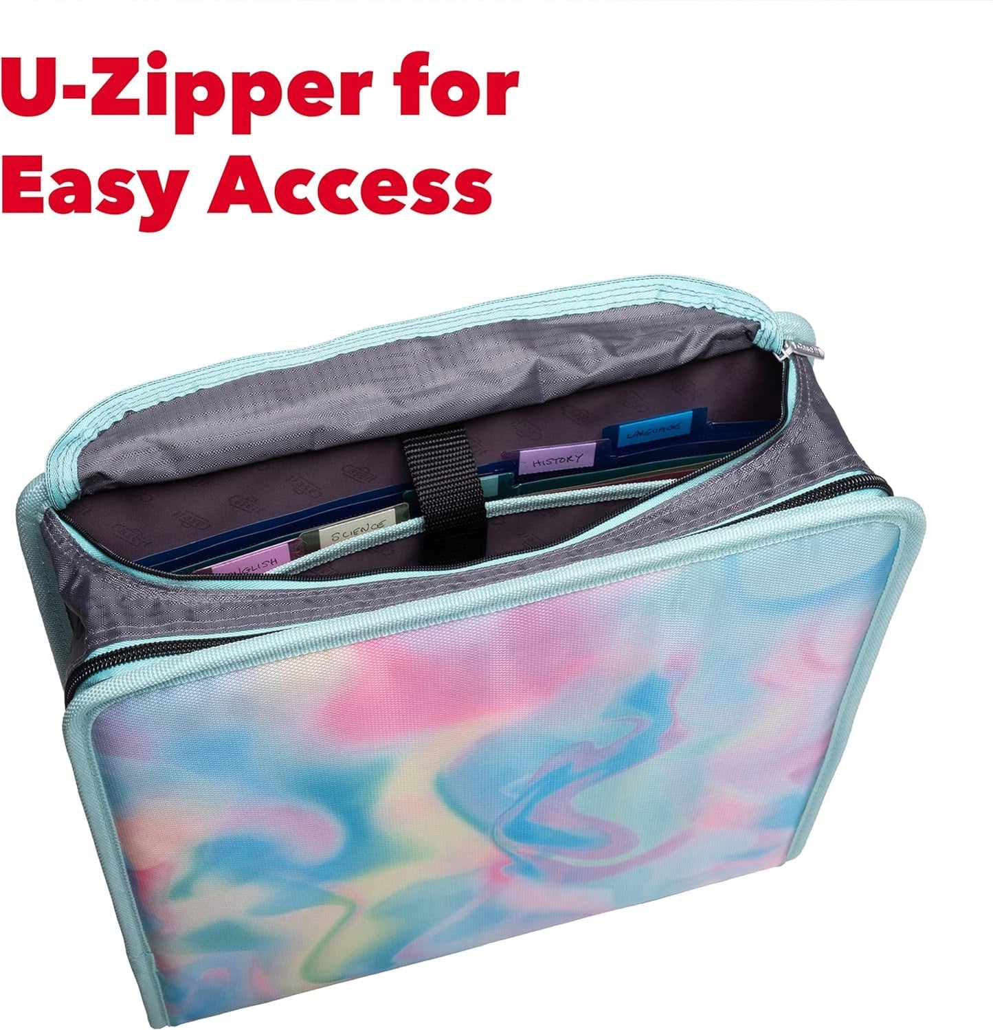 Case-it The Mighty Zip Tab Zipper Binder - 3 Inch O-Rings - 5 Color Tab Expanding File Folder - Multiple Pockets - 600 Sheet Capacity - Comes with Shoulder Strap - Aqua Iridescent Pastel D-146-P