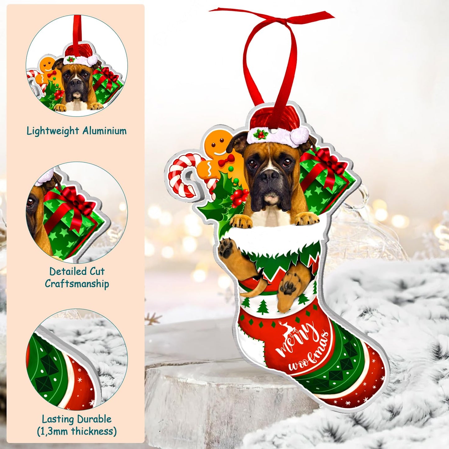 COUPLE FOX Boxer Dog Ornaments Christmas Tree, Boxer Red Sock Aluminum Ornament (NOT 3D), Christmas Decoration 2023 for Boxer Lovers, Dog Mom, Dog Dad, Pet Lovers