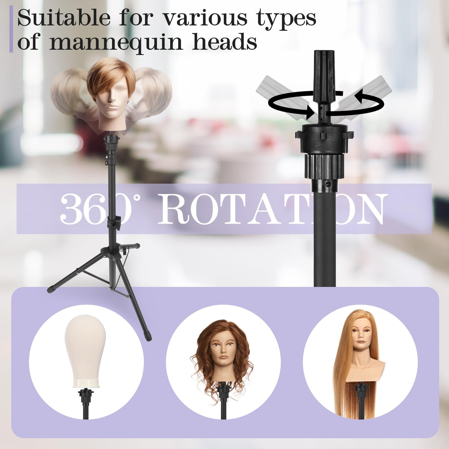 Auroras Mannequin Head Stand, Wig Stand Tripod, Adjustable Wig Head Stand with Carrying Bag, Wig Tripod for Cosmetology Hairdressing Training (Mannequin Head Not Included)