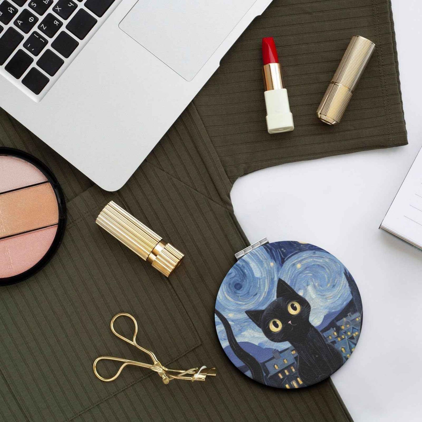 LOPIOIO Compact Pocket Mirror, 1X/2X Magnifying Round Mirror for Girls Women, Portable Pu Leather Makeup Mirror for Handbag, Purse, Travel - Starry Night Cat